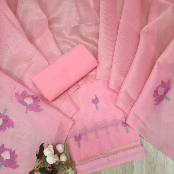A Freakin Lotus Pink Jamdani Muga Silk Unstitched Suit Set